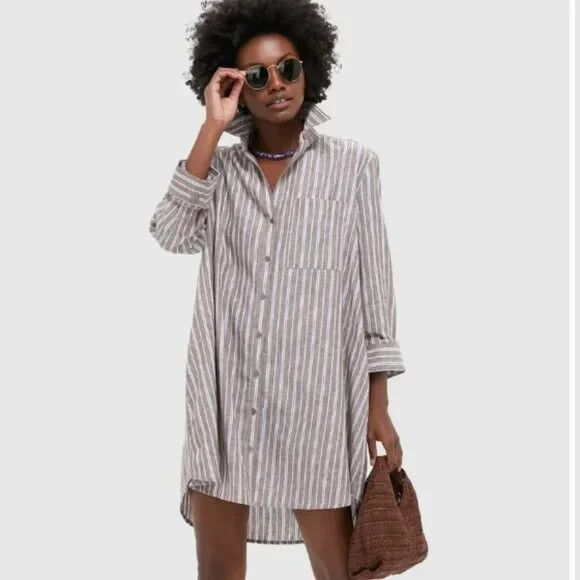 Tuckernuck Dove Stripe Linen Carlotta Shirt Dress Size Xxl Brown Lagenlook Boho